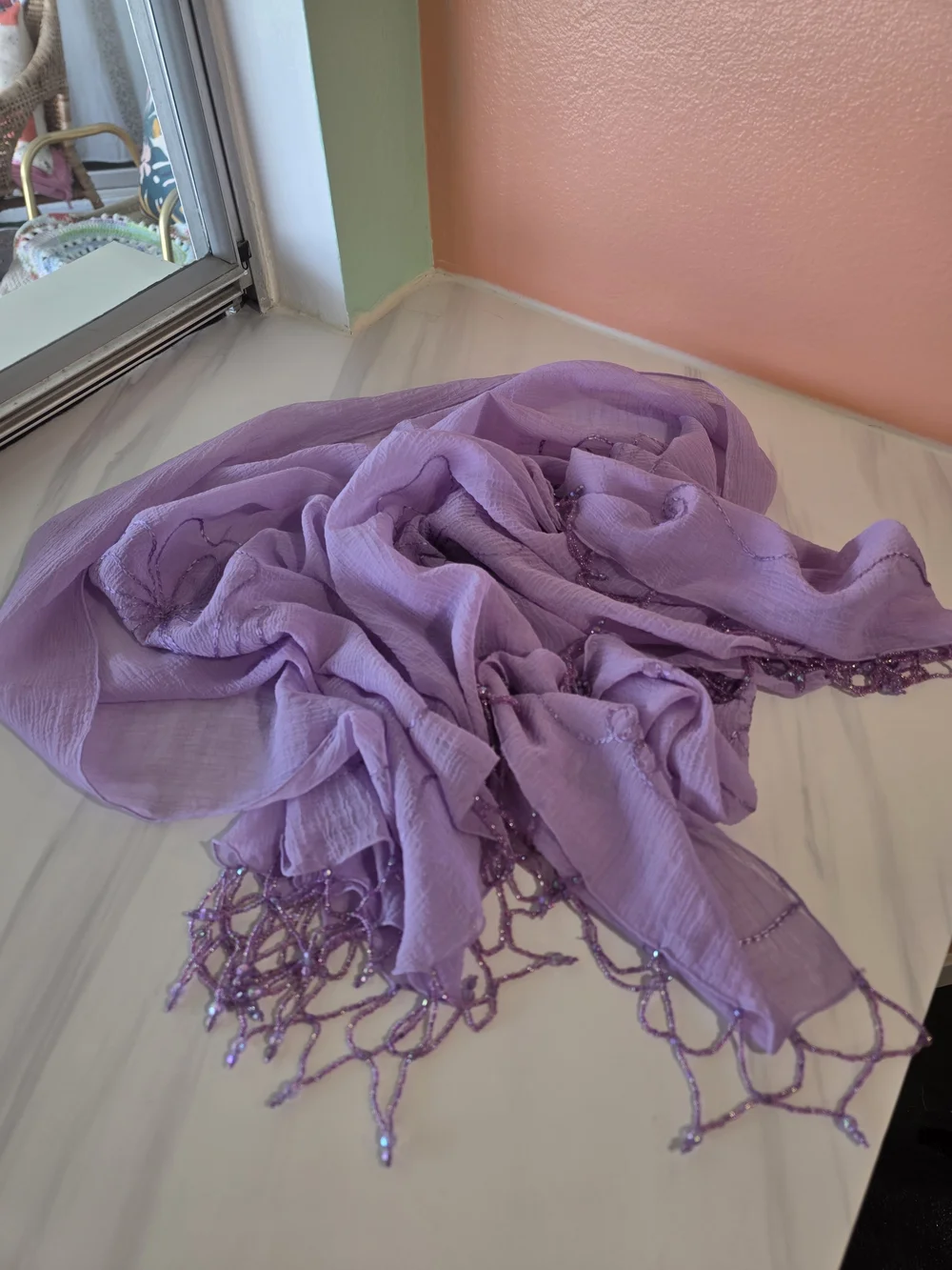 Vintage Y2K Sheer Shawl Lavender Embroidered Wrap Scarf Beaded Fringe